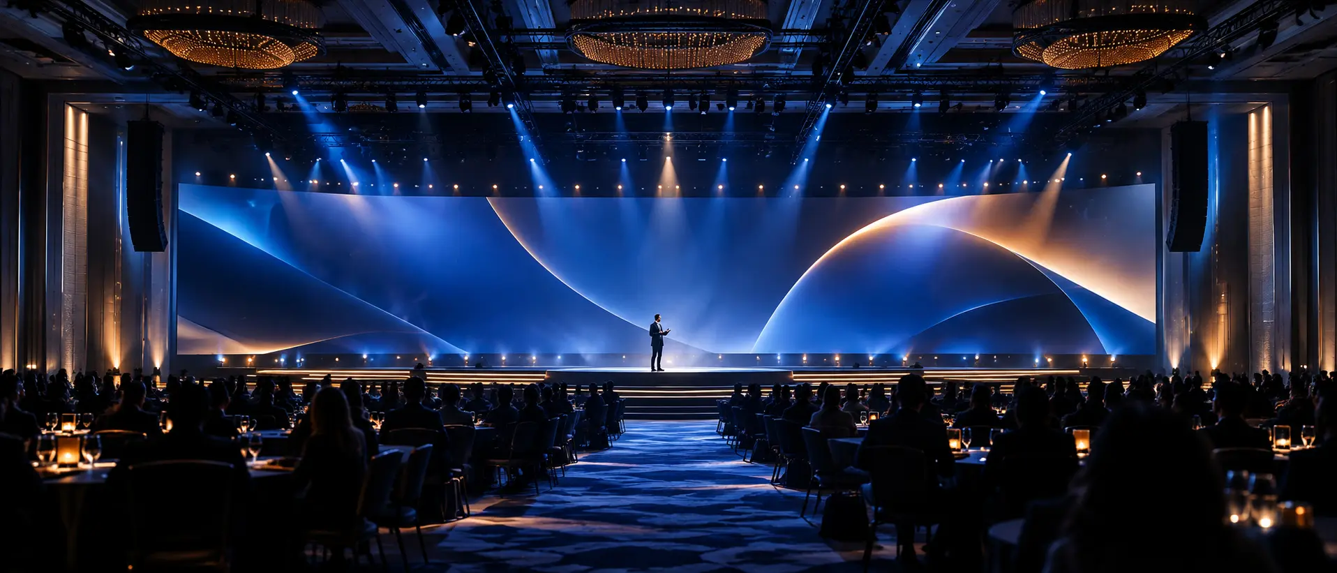 Illustrative corporate conference stage with panoramic LED screens and lighting